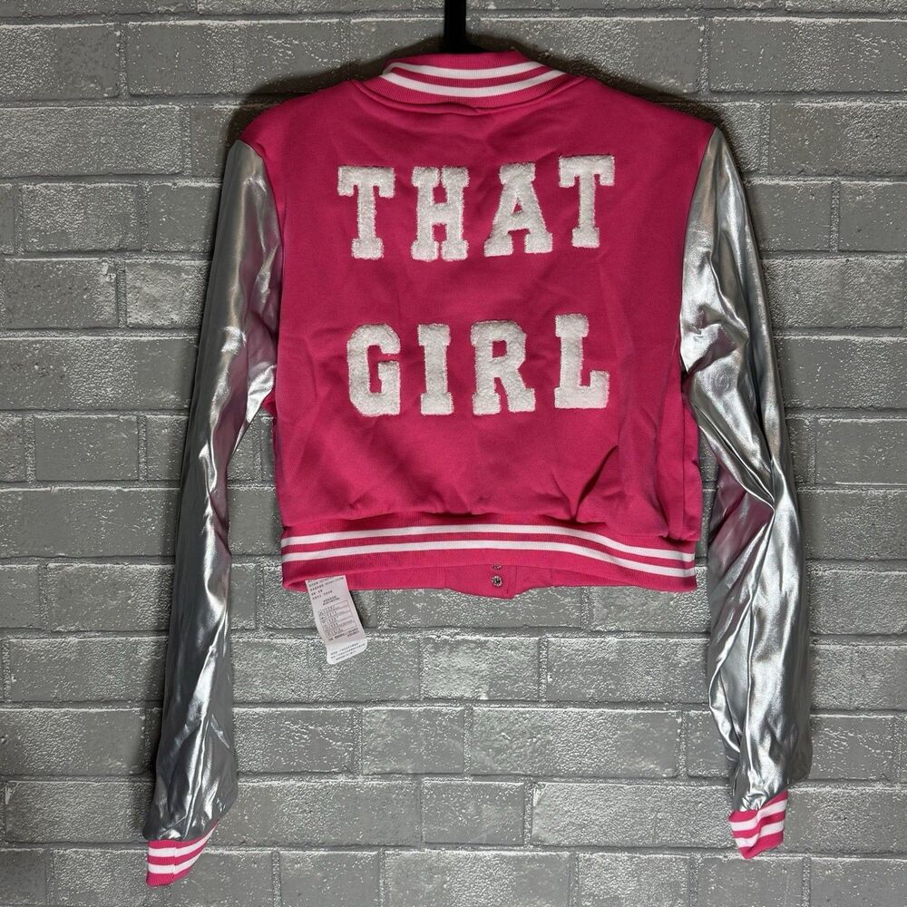 NWT Do My Self That Girl Women Large Cropped Varsity Bomber Jacket Rose Red